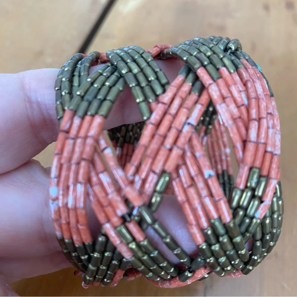 Salmon pink and bronze-gold Multicolor Seed Beaded Cuff Bracelet, 2-inches wide